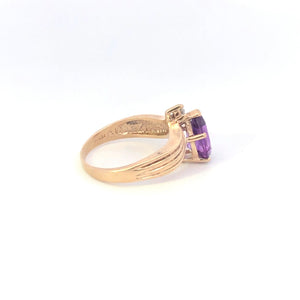 10K Pear Amethyst Diamond Vintage Statement Ring Yellow Gold