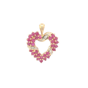 10K Baguette Diamond Ruby Cluster Heart Pendant Yellow Gold