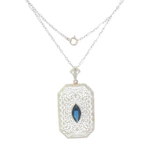 Load image into Gallery viewer, 10K Art Deco Syn. Sapphire Filigree Ornate Chain Necklace 15&quot; White Gold