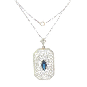 10K Art Deco Syn. Sapphire Filigree Ornate Chain Necklace 15" White Gold