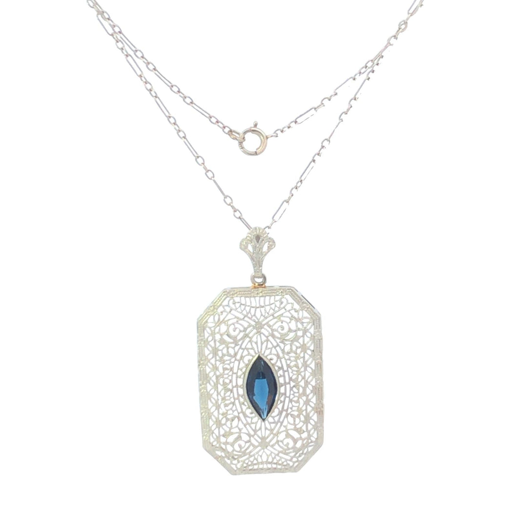 10K Art Deco Syn. Sapphire Filigree Ornate Chain Necklace 15