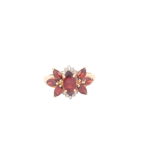 14K Marquise Garnet Diamond Cluster Statement Ring Yellow Gold