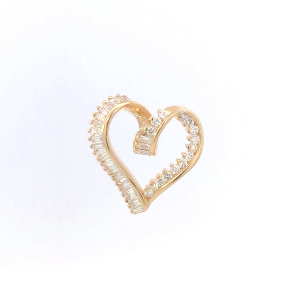 14K 1.50 Ctw Baguette Diamond Vintage Heart Pendant Yellow Gold