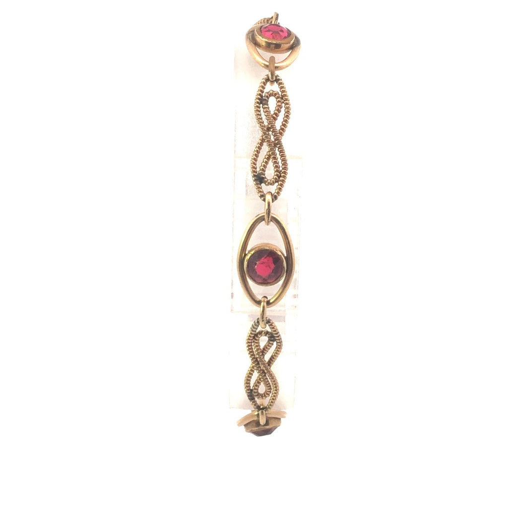 Gold Filled 1930's Syn Ruby Ornate Scroll Twist Link Bracelet 7.5