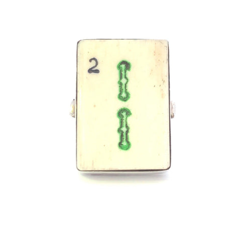 Sterling Silver Ceramic Mahjong Tile Vintage Statement Ring