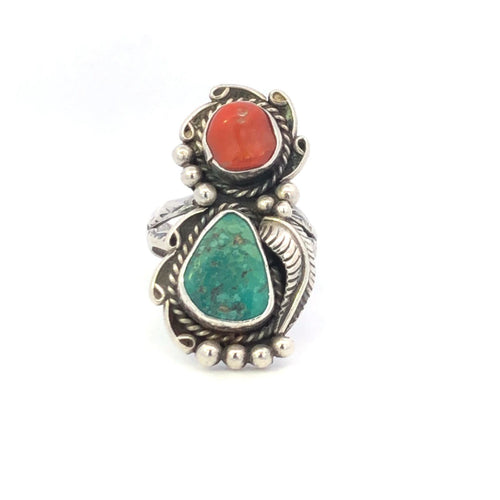 Sterling Silver Southwestern Vintage Turquoise Coral Leaf Ring