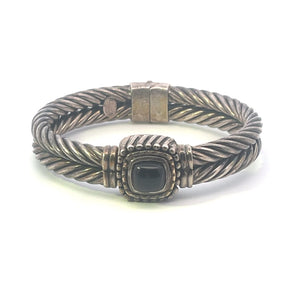 Sterling Silver 18k Gold Black Onyx Striped Vintage Bangle Bracelet 6.75"