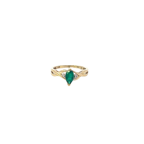 10K Marquise Syn. Emerald Diamond Accent Ring Yellow Gold