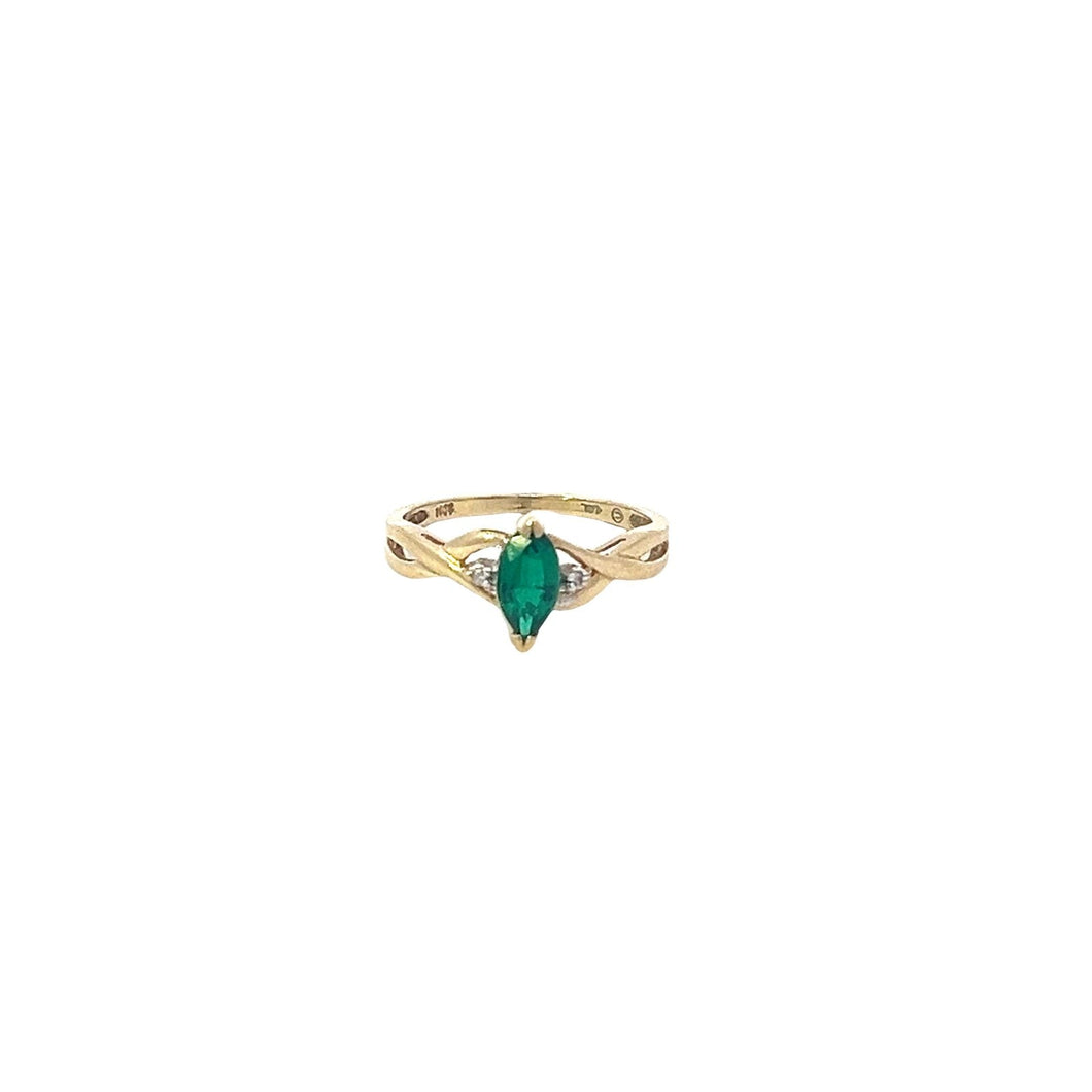 10K Marquise Syn. Emerald Diamond Accent Ring Yellow Gold
