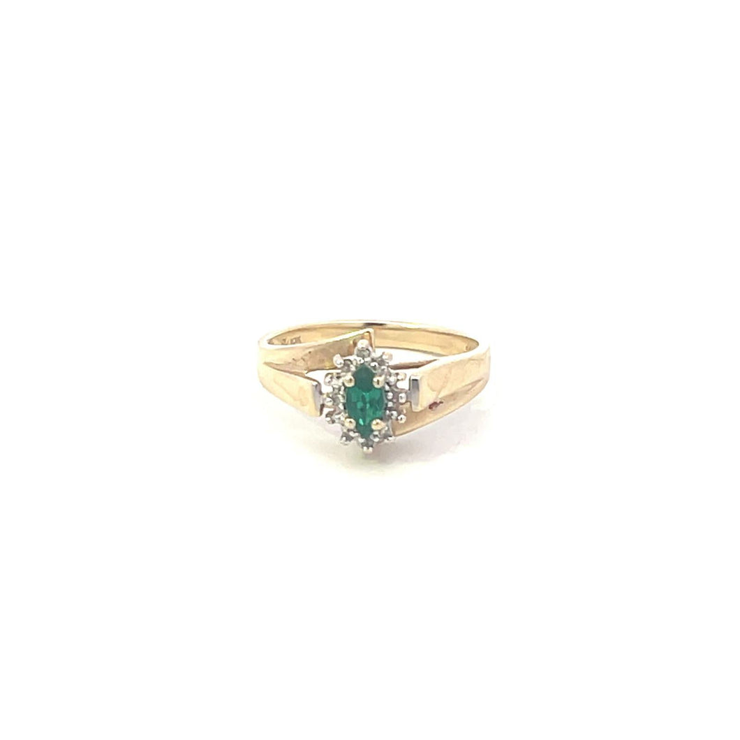 10K Marquise Syn. Emerald Diamond Accent Ring Yellow Gold