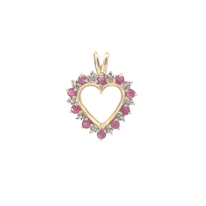 10K Vintage Rubellite Diamond Heart Love Symbol Pendant Yellow Gold