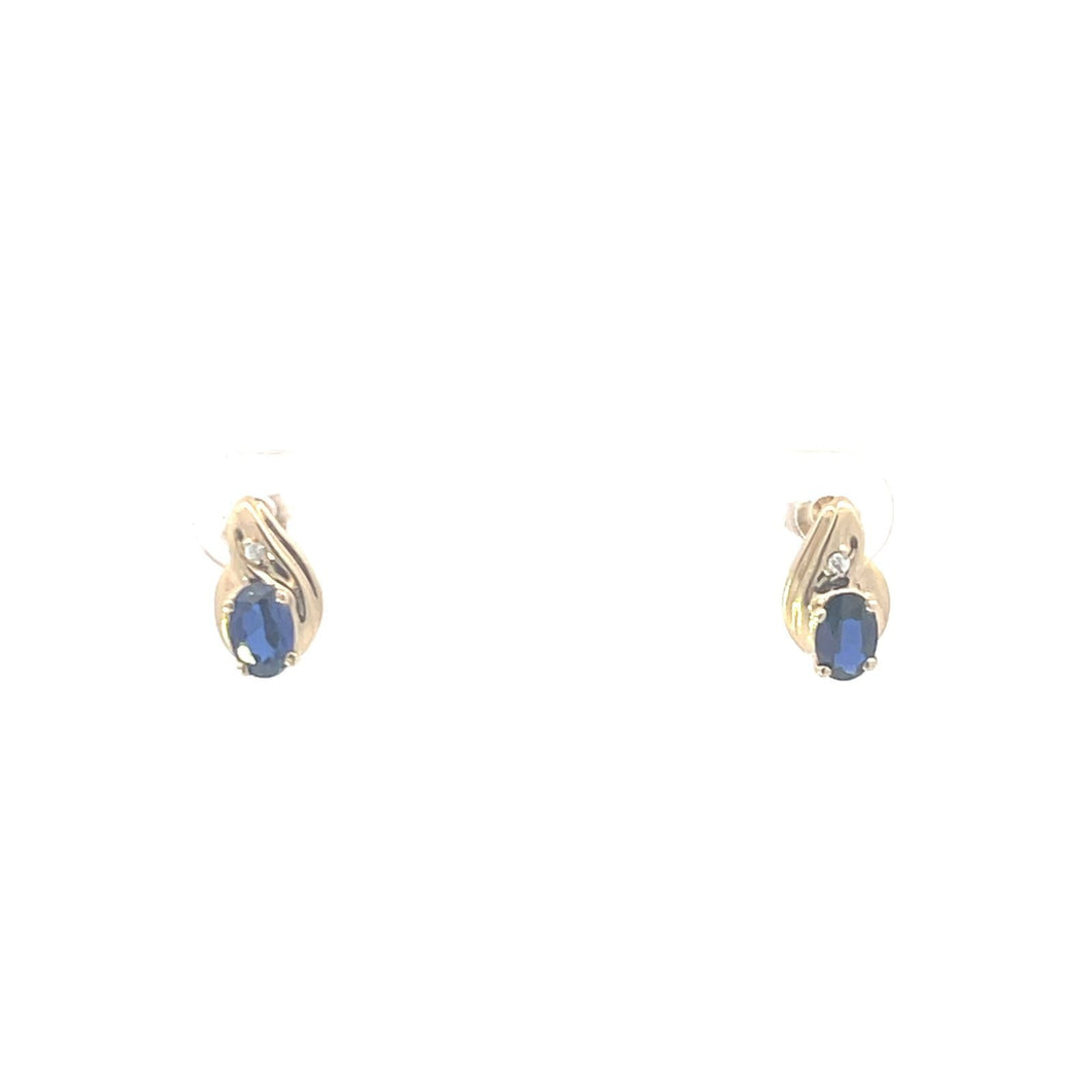 10K Oval Syn. Sapphire Diamond Accent Stud Earrings Yellow Gold