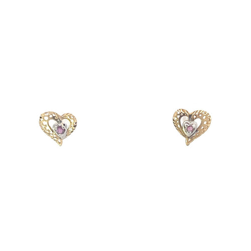 10K Ruby Heart Love Symbol Filigree Stud Earrings Yellow Gold