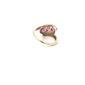 10K 1960's Three Stone Syn. Ruby Vintage Bypass Ring Yellow Gold