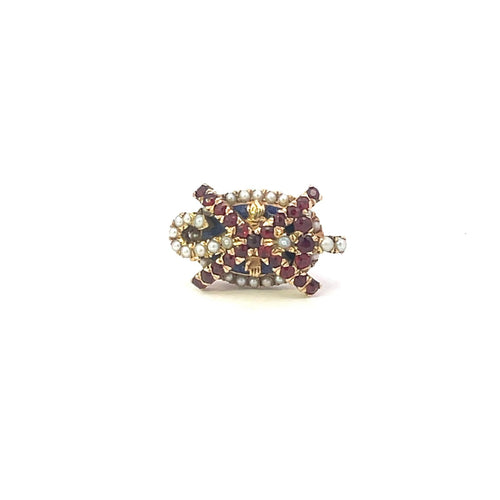 14K Cane Chi Fraternity Garnet Seed Pearl Lapel Pin/Brooch Yellow Gold