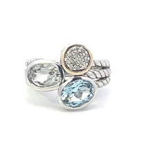 Load image into Gallery viewer, Sterling Silver 14k Gold Blue Topaz Prasiolite Diamond Ring