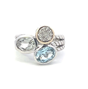 Sterling Silver 14k Gold Blue Topaz Prasiolite Diamond Ring