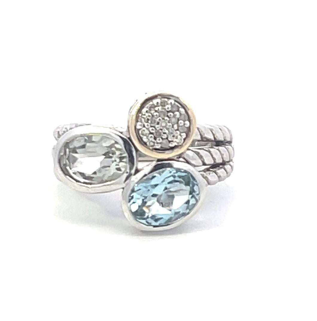 Sterling Silver 14k Gold Blue Topaz Prasiolite Diamond Ring