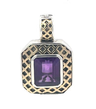 Load image into Gallery viewer, Sterling Silver Emerald Cut Amethyst 14K Gold Lattice Squared Pendant