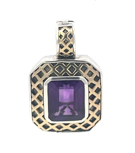 Sterling Silver Emerald Cut Amethyst 14K Gold Lattice Squared Pendant