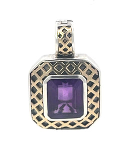 Sterling Silver Emerald Cut Amethyst 14K Gold Lattice Squared Pendant