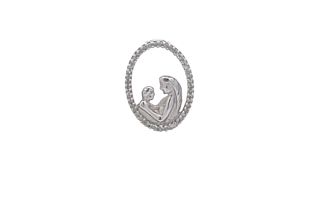 10K Oval Diamond Mother & Child Love Mom Pendant White Gold