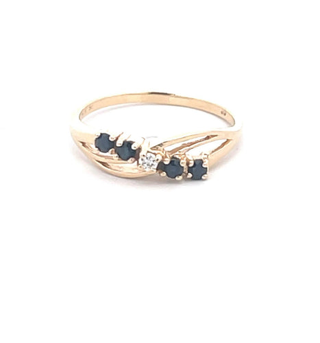 14K Sapphire Diamond Wavy Statement Band Ring Yellow Gold