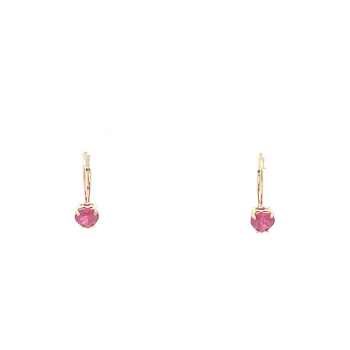 14K Heart Synthetic Ruby Solitaire Dangle Earrings Yellow Gold