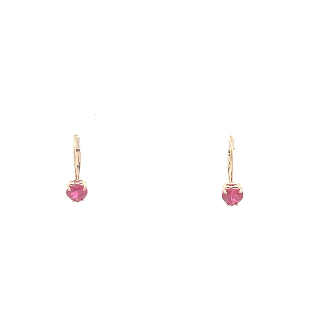 14K Heart Synthetic Ruby Solitaire Dangle Earrings Yellow Gold