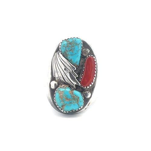 Sterling Silver Gary Vacit Turquoise Coral Zuni Native Amer. Ring