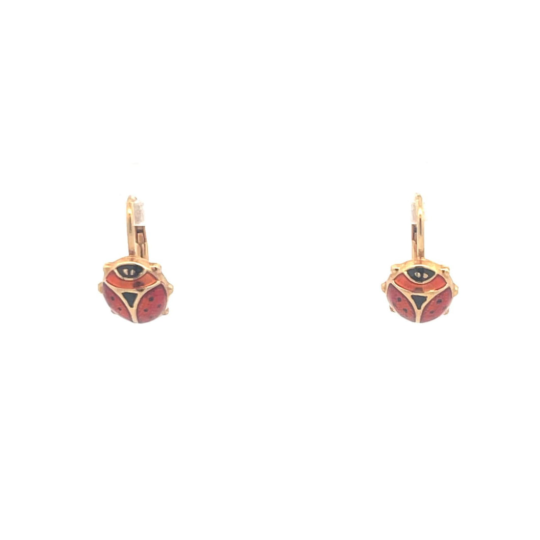 14K Enamel Lady Bug Strength Symbol Earrings Yellow Gold