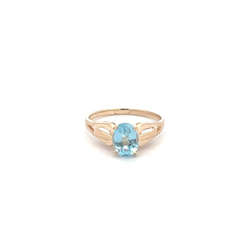 10K Oval Blue Topaz Vintage Statement Solitaire Ring Yellow Gold
