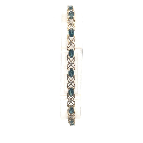 10K Oval Blue Green Sapphire Diamond Tennis Bracelet 6.75