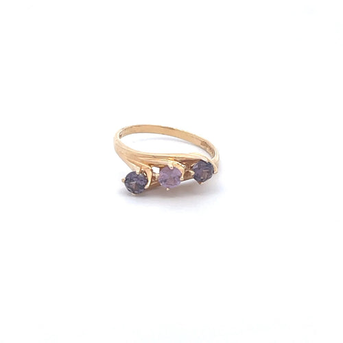 14K Three Stone Amethyst Vintage Bypass Ring Yellow Gold