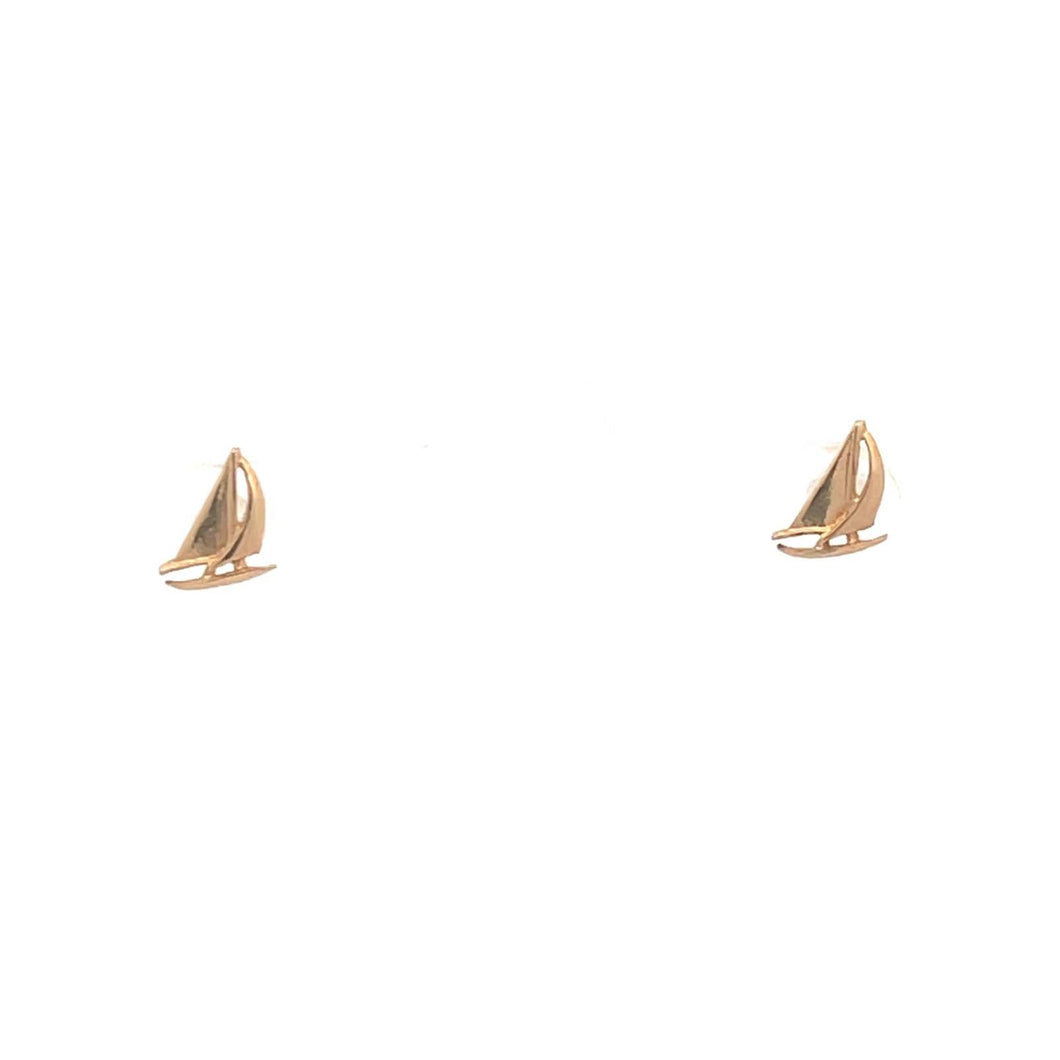 14K Sail Boat Ship Sailing Nautical Motif Stud Earrings Yellow Gold