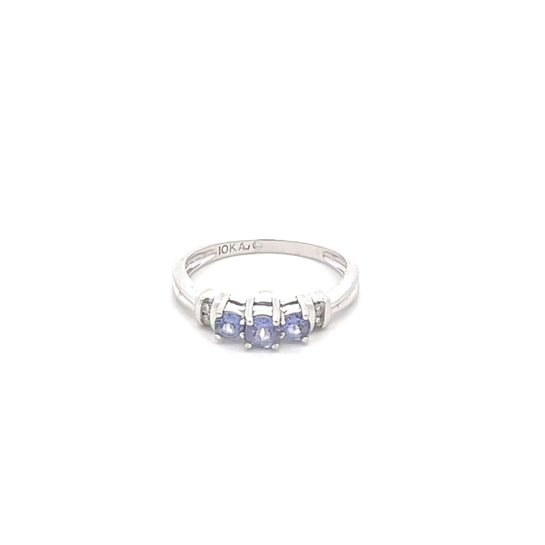 10K Three Stone Tanzanite Diamond Vintage Ring White Gold