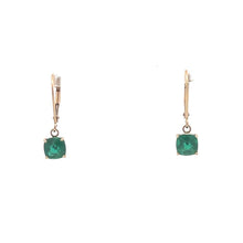 Load image into Gallery viewer, 10K Cushion Faceted Syn. Emerald Dangle Earrings Yellow Gold