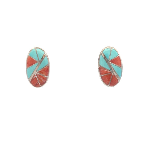 Sterling Silver Spiny Oyster Turquoise Inlay Oval Clip Earrings