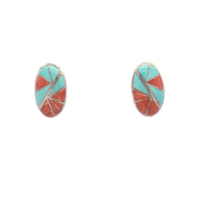 Load image into Gallery viewer, Sterling Silver Spiny Oyster Turquoise Inlay Oval Clip Earrings