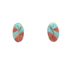 Sterling Silver Spiny Oyster Turquoise Inlay Oval Clip Earrings