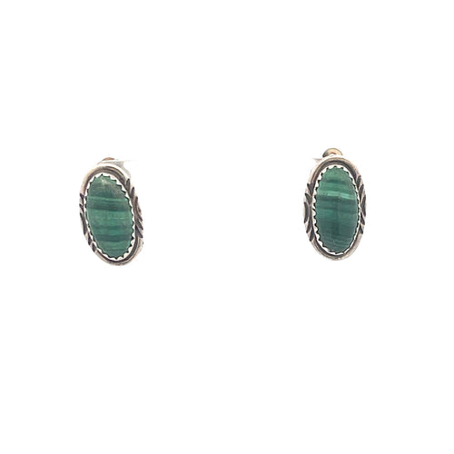 Sterling Silver Oval Malachite Cabochon Vintage Clip Back Earrings