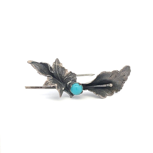 Sterling Silver Vintage 3D Lily Oak Leaf Turquoise Pin/Brooch