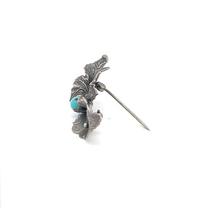 Sterling Silver Vintage 3D Lily Oak Leaf Turquoise Pin/Brooch