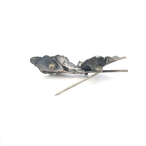 Sterling Silver Vintage 3D Lily Oak Leaf Turquoise Pin/Brooch