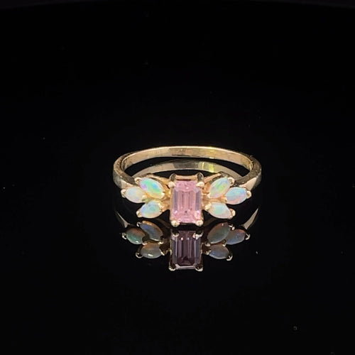 14K Emerald Cut Pink Topaz Opal Statement Ring Yellow Gold