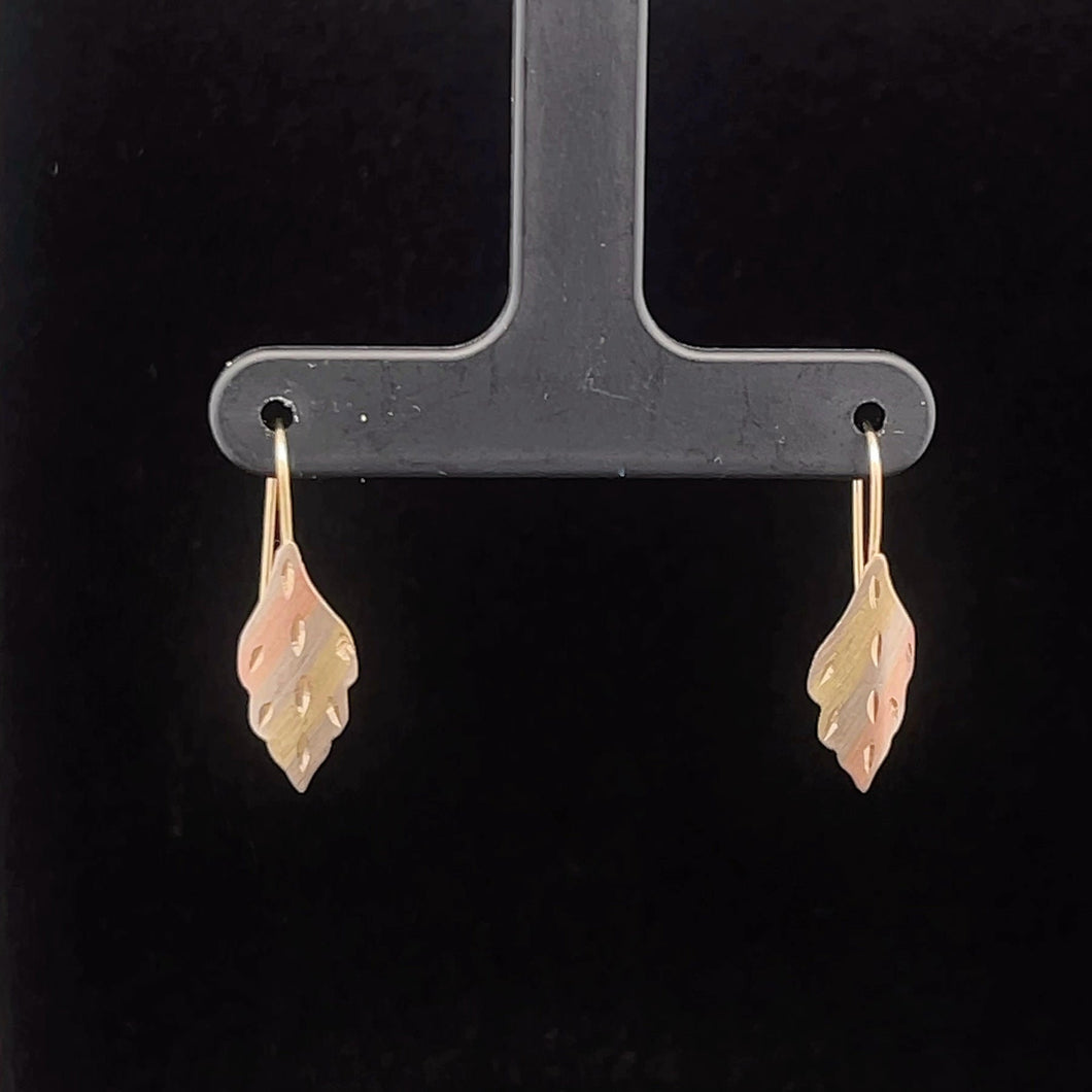 14K Tri Tone Diamond Cut Leaf Vintage Dangle Earrings Yellow Gold