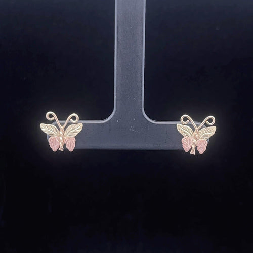 14K Two Tone Butterfly Change Symbol Stud Earrings Yellow Gold