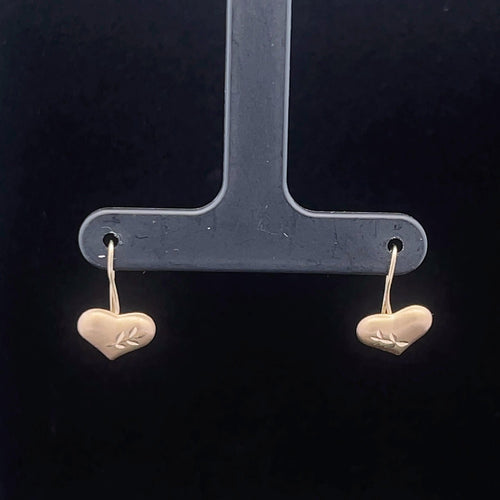 14K Domed Heart Love Symbol Vintage Dangle Earrings Yellow Gold