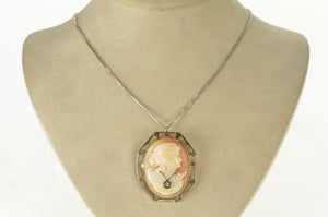 14K Filigree Diamond Necklace Victorian Cameo Pendant/Pin White Gold