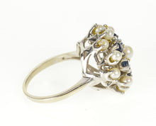 Load image into Gallery viewer, 14K Pearl Sapphire Cocktail Statement Cluster Ring Size 7.25 White Gold
